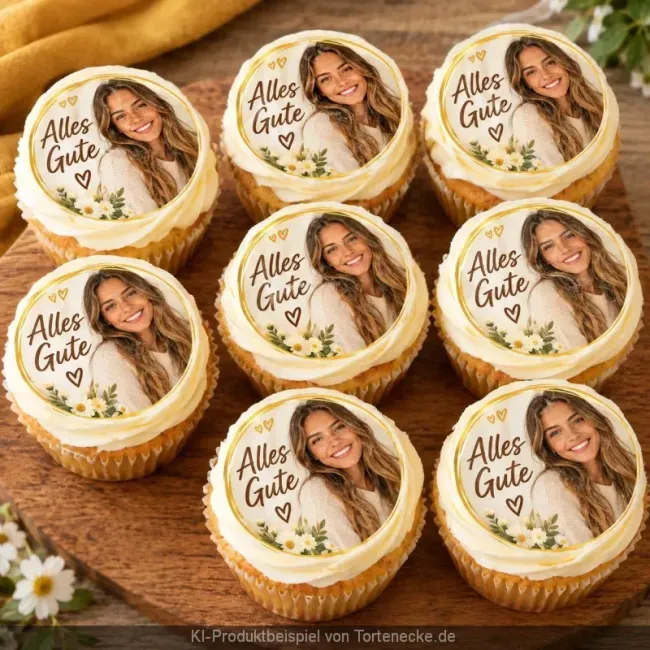 Personalisierte Cupcakes mit essbaren Mini-Tortenauflegern aus Fondant mit eigenem Foto und Wunschtext